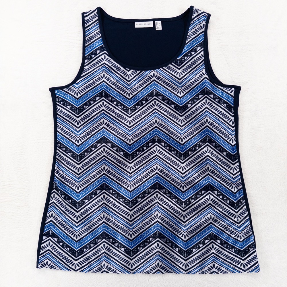 Susan Graver Womens Tank Top Size L Blue Chevron Geometric Scoop Neck Sleeveless